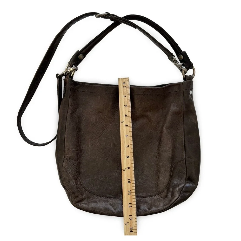 Frye Melissa Dark Brown Distressed Leather Hobo Crossbody Bag Antique Silver